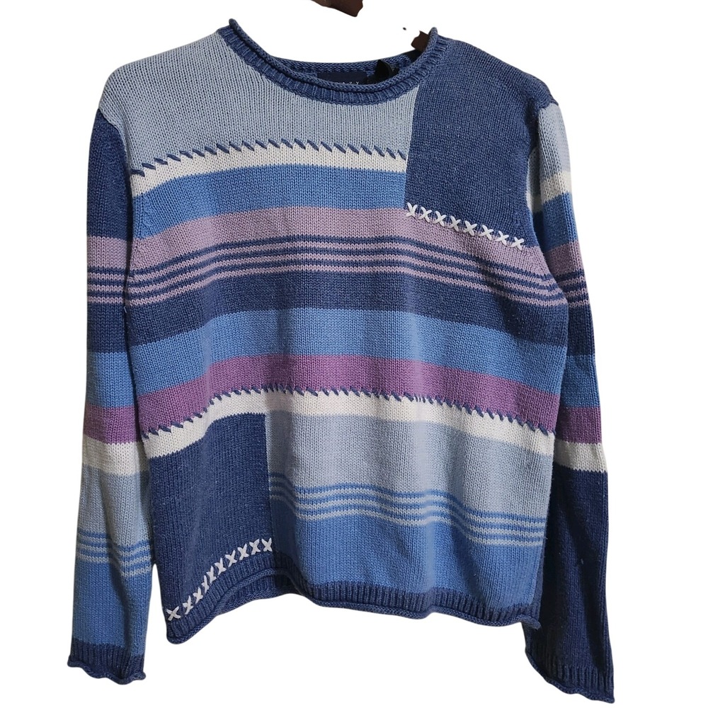Crazy Horse Sweater Womens XL Blue Striped Patchwork Knit Pullover Liz Claiborne